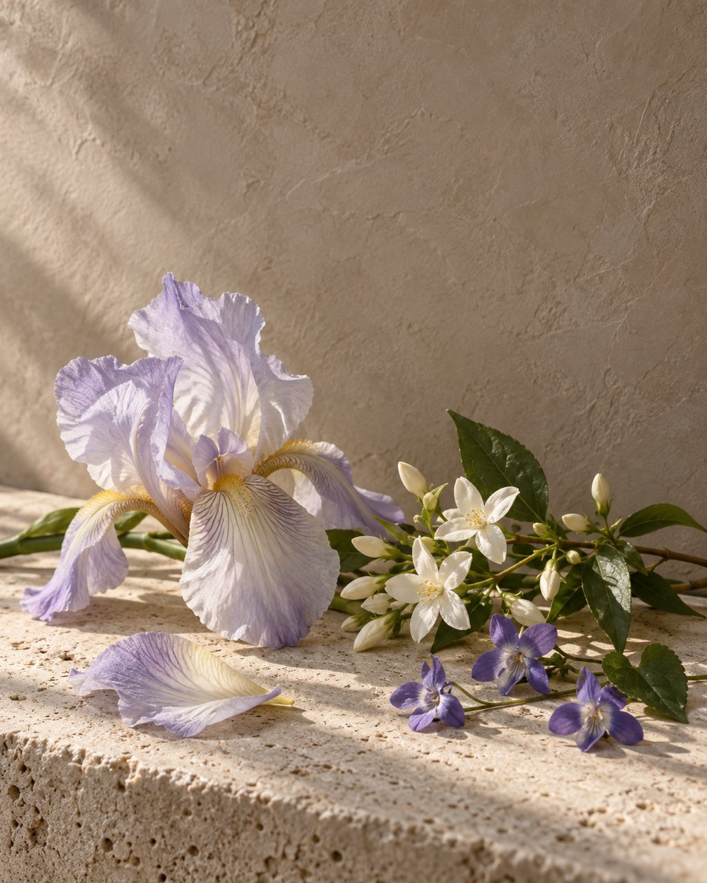 Iris e fiori bianchi su una mensola di travertino