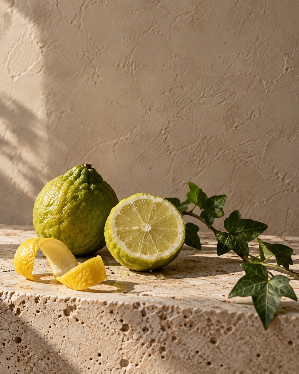 Bergamotto e limone su una mensola di travertino
